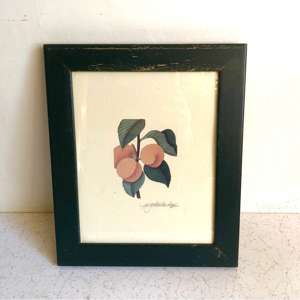 Vtg PEG WHEELER HOPE Framed peaches print embossed mat distressed black frame